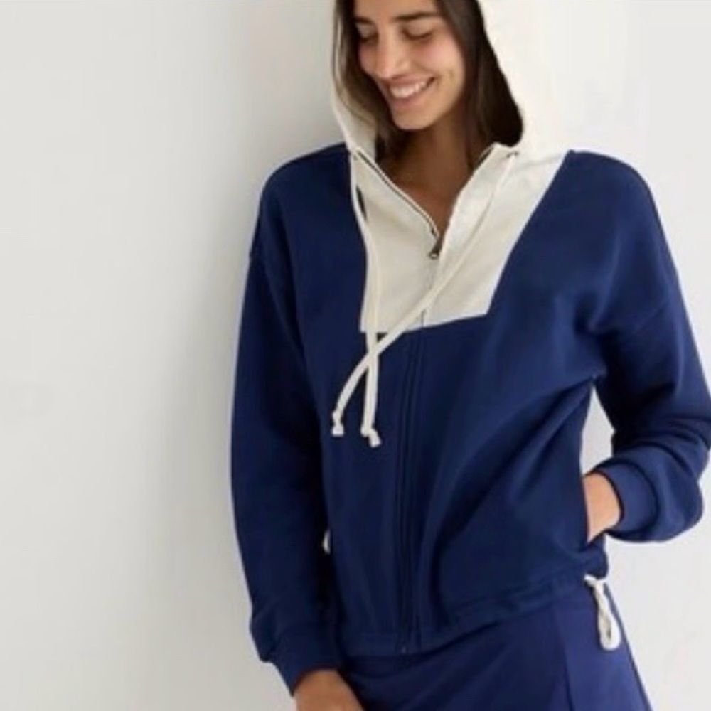 J.Crew Women's Navy Ivory Full-Zip Hoodie Jacket Sweatshirt Medium Coastal